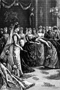 Dronning Victoria tar imot gjester i en salong i Buckingham Palace, sent på 1800-tallet, 1900