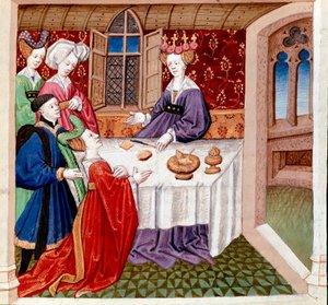 Iseult (eller Iseult) ber om beskyttelse av dronning Guenevre som sitter ved bordet hennes. Miniatyr hentet fra "" Romanesque du Chevalier Tristan et de la reine Yseult"" av Gassien de Poitiers belyst av Everard de Espinques (Evrard d