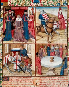 Kong Arthur holder hoff, Lancelot ledet av en dame til klosteret, mykner fra Galahad (Gaalad eller Galaad) til klosteret og ridderne av det runde bord rundt den hellige gral-manuskriptsiden "" Roman of the Knight Tristan og Queen Yseult" av Gassien de P