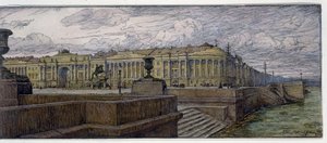 Senatet i St. Petersburg. Beskrivelse av bygninger på bredden av Neva. Verk av Evgeny Evgenyevich Lanceray (Eugene Lansere) (1875-1946), litografi