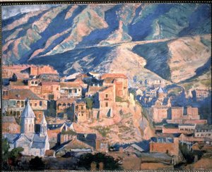 Tbilisi (Republikken Georgia) (Tiflis) - Utsikt over en by i Kaukasus, i et landskap av steinete fjell - Maleri av Evgeny Evgenyvich Lanceray (Eugene Lansere) (1875-1946), olje på lerret