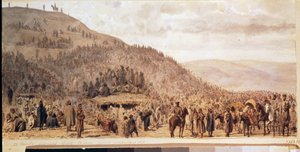 Fangenskapet til hæren til Osman Pasha (1837-1900) i Pleven (Plevna) (Bulgaria). (The Captivity of The Army of Osman Pasha at Pleven). Episode av den russisk-tyrkiske krigen (1877-1878). Verk av Evgeni Kirillovich Makarov (1842-1884), akvarell på papir av Evgeni Kirillovich Makarov