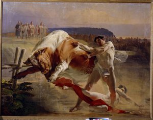 Oppgjøret til Jan (Ian) Usmar (Usmovich, Usmoshvets). (The Trial of Strength of Yan Usmovets). Tradisjonell russisk legendarisk helt, satt på prøve av storhertug Vladimir (cirka 960-1015) for å stoppe en okse med bare hender. Maleri av Yevgraf Se av Evgraf Sorokine