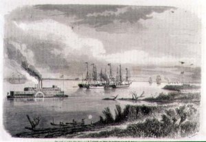 En dampbåt og en slepebåt på Mississippi, gravert av Stephane Pannemaker (1847-1930) (gravering)