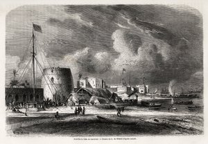 Havnen i byen Zanzibar (dagens Tanzania), tegning av Evremond de Berard (1824-1881), for å illustrere kaptein Burtons reise til de store innsjøene i Øst-Afrika i 1857-1859. Gravering i "" Le tour du monde, nouveau journal des voyages"" Paris