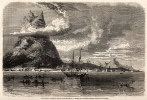 Rade og toppen av øya Borabora, tegning av Evremond Auguste de Berard (1824-1881), for å illustrere reisen til en naturforsker i Galapagos-øygruppen og koralløyene, i 1858 av Charles Darwin (1809-1882). Gravering i "" Le tour du mond