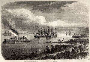 Skip og slepebåt på Mississippi, tegning av Evremond Auguste de Berard (1824-1881), for å illustrere reisen til New Orleans i 1855 av Elysee (Elisee) Reclus (1830-1905). Gravering i "" Le tour du monde, nouveau journal des voyages"" Paris