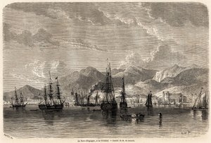 Spanias havn, i Trinidad (Trinidad og Tobago), tegning av Evremond Auguste de Berard (1824-1881), for å illustrere reisene til Vestindia, i 1858-1859, av Anthony Trollope (1815-1882). Gravering i "" Le tour du monde, nouveau journal des voya