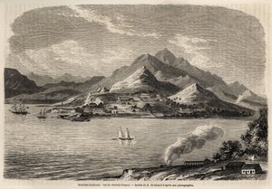 Utsikt over Port of France, New Caledonia, tegning av Evremont de Berard (1824-1881), for å illustrere Victor de Rochas' reise til New Caledonia i 1859. Gravering i “” Le tour du monde”” 1861. Selvas samling.