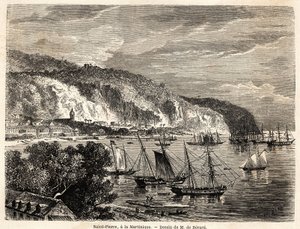 Utsikt over Saint Pierre, på Martinique, tegning av Auguste de Berard (1824-1881), for å illustrere reisene til Vestindia, i 1858-1859, av Anthony Trollope (1815-1882). Gravering i "" Around the world, new travel journal "" Paris