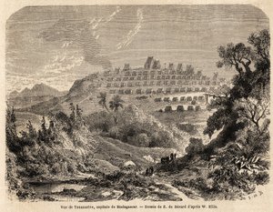 Utsikt over Tananarive, Madagaskars hovedstad, tegning av Evremond de Berard (1824-1881), for å illustrere Ida Pfeiffers reise til Madagaskar i 1857. Gravering i “” Le tour du monde”” 1861. Selvas samling.
