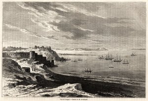 Utsikt over Tangier (Marokko), tegning av Evremond de Berard (1824-1881), for å illustrere M.F.Schicklers reisenotater til Marokko. Gravering i "" Le tour du monde, nouveau journal des voyages"" Paris