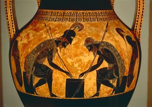 Attic svart-figur amfora som viser Achilles og Ajax som spiller terninger, fra Vulci, ca. 540-530 f.Kr. (keramikk) (detalj) av Exekias Exekias