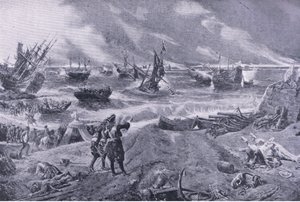 James II ved slaget ved La Hogue, 23. mai 1692, illustrasjon fra British Battles on Land and Sea, 1915 av Eyre Crowe