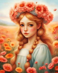 En jente dekorert med blomster i et vakkert landskap, tilpassede veggkunsttrykk av F. Abderrahim