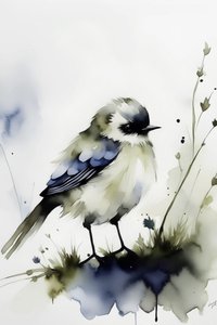 En enslig fugl i akvarellmaling, veggdekor innendørs kunsttrykk av F. Abderrahim