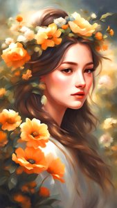 En kvinne dekorert med blomster i et vakkert landskap, veggkunsttrykk av F. Abderrahim