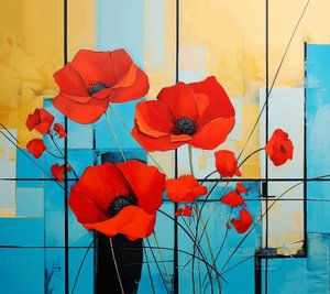 Abstrakt Mondrian, valmuer blomstermaleri, veggkunst | Lerretstrykk