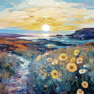 Abstrakt lilla blomster i soloppgang landskapsmaling, veggkunstutskrifter av F. Abderrahim