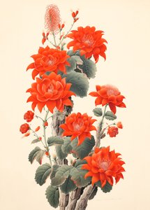 Abstrakt kaktus med blomster, japansk treblokk, innrammede veggkunsttrykk av F. Abderrahim