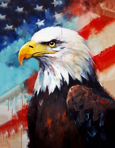 Amerikansk ørn, amerikansk flagg i bakgrunnen, oljemaleri, rominnredning, veggkunsttrykk av F. Abderrahim