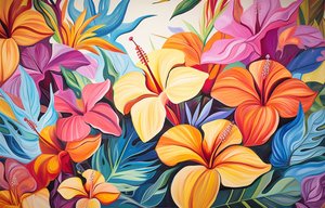 Bukett med fargerike hibiskusblomster, blomstermaleri, kunsttrykk av F. Abderrahim