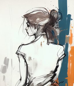 Tegne en jente bakfra, tegne med minimalistiske linjer, veggkunsttrykk av F. Abderrahim