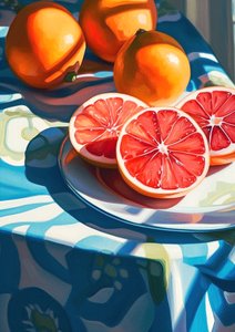 Grapefruktskiver, dekor kjøkken stilleben maleri, kunsttrykk online av F. Abderrahim