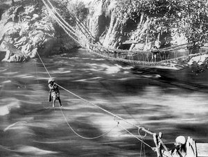 Rope bridge, Jhelum Valley, Kashmir, India, c1900.