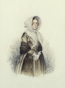 Portrett av en ung dame i en panser med hvite hansker, 1840 (wc og blyant på papir)