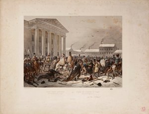 Tilbaketrekkende fransk hær på Rådhusplassen i Vilna, gravert av Victor Adam (1801-66) og Louis Pierre Alphonse Bichebois (1801-50) 1812 av F. Daniel