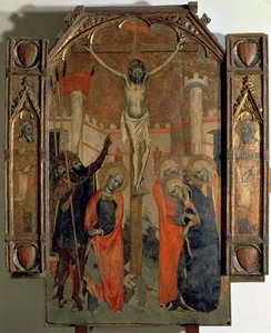 Korsfestelsen, øvre del av sentralpanelet til den store altertavlen til Almudaina, fullført i 1358 (tempera på panel) av F. Bassa and R. Destorrents