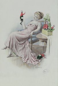 Postkort som viser en kvinne med flasker champagne i form av menn, ca. 1900 (farge litho) av F. Kuderna