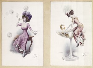 Postkort som viser en kvinne som blåser bobler og fisker i et champagneglass, ca. 1900 (farge litho) av F. Kuderna