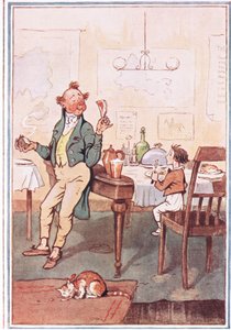 Han tok en kotelett ved beinet i den ene hånden og en potet i den andre, illustrasjon fra David Copperfield, 1914
