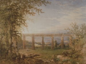 En murstein- og tømmerjernbaneviadukt med damptog, 1849 (wc på papir) (par til 3247622)