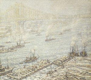 East River, New York, vinter, ca. 1915 (olje på lerret) av F. Usher de Voll