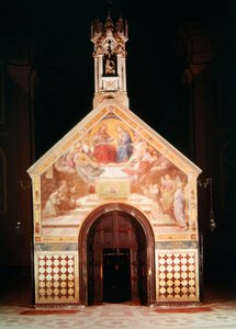 Utsiden av Porziuncola-kapellet med en freskomaleri som viser St. Frans som mottar Benådningen av Assisi (av Friedrich Overbeck), 1829; Interiøret til Santa Maria degli Angeli (rekonstruert av Luigi av F and Poletti Overbeck