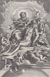 Den hellige treenighet, med den døde Kristus i sentrum omgitt av engler, Gud Faderen, ..., 1650-90. av F. de Louvement