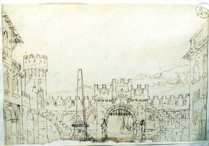 Scenografisk setting av F. Galliari for Antonio Vivaldis opera «Caton d'Utique» som ble spilt i Torino i 1763. Accademia delle Belle Arti, Milano. av Fabrizio Galliari