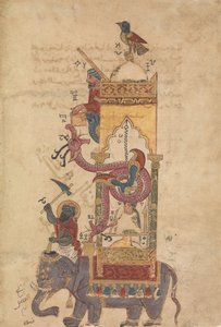 The Elephant Clock, Folio fra en bok om kunnskapen om Genial Mechanical..., A.H. 715A.D.1315 av Farrukh ibn Abd al Latif