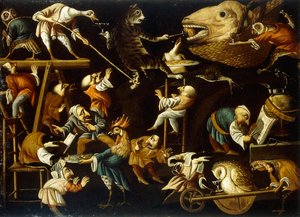 Fantasidyr og dverger som slåss, drikker og surrer av Faustino Bocchi or Boccasi