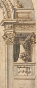 Design for en del av en vegghøyde med en balkong som flankerer en bue, . av Faustino Trebbi
