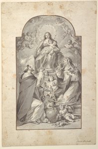Design for et altermaleri, Saint Dominic og Saint Catherine av Siena mottar rosenkransen fra jomfruen og barnet