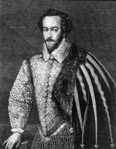 Portrett av Sir Walter Raleigh (1554 - 1618), engelsk navigatør, hoffmann og forfatter. Gravering etter et maleri tilskrevet Federico Zuccaro (eller Zuccari) (1549 - 1609) fra 1588. av Federico (after) Zuccari or Zuccaro