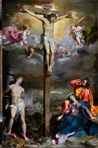 Korsfestelsen av Kristus med Vår Frue, Evangelisten Johannes og den hellige Sebastian