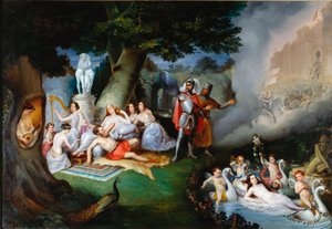 Renaud i hagen til Armide Illustrasjon av en scene av "The Jerusalem delivree" (La gerusalemme liberata) av Torquato Tasso (kjent som kruset). Den fortryllende Armide omgitt av svært symbolske Amours-seduiter ved hjelp av hans magiske speil, ridd av Federico Peschiera