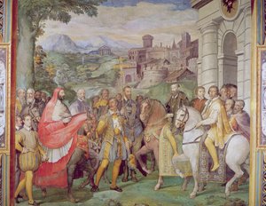 Charles V (1500-58) med Alessandro Farnese (1546-92) i Worms, fra 'Sala dei Fasti Farnese' (Hall of the Splendors of the Farnese), 1557-66 (se 95812) av Federico Zuccaro