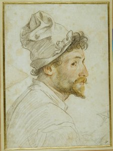 Hode og skuldre til en skjeggete mann med caps (svart, rødt og brunt kritt på hvitt papir) av Federico Zuccaro