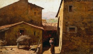 Rustikke toskanske gårdshus, av Federico Andreotti (1847-1930), olje på panel
